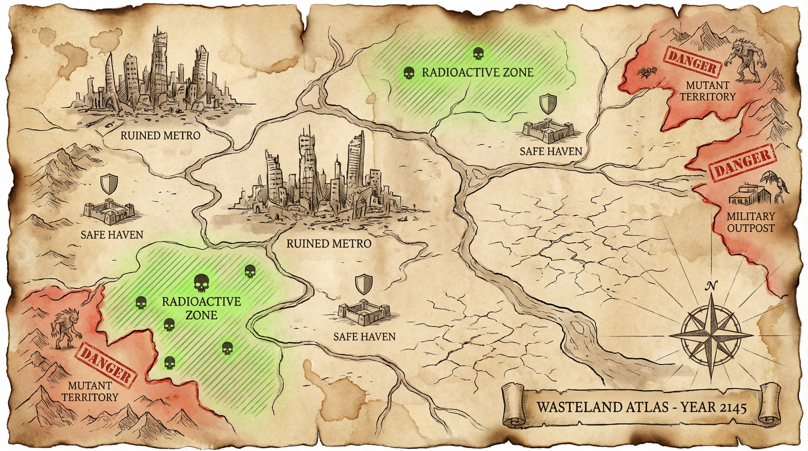 废土世界地图导览，标注了 冰球突破 探索区域、安全屋和危险区